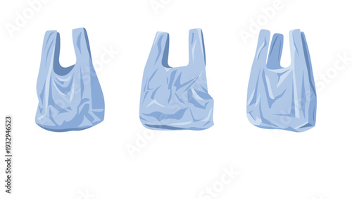 Group of three light blue crinkled plastic shopping bags stands vertically against a plain white background for eco-awareness.