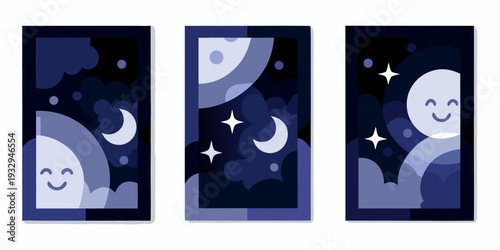 Whimsical triptych depicting a smiling moon and starry night scenes