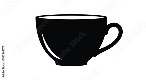 A simple black silhouette of a classic teacup with a curved handle presented against a stark white background silhouette