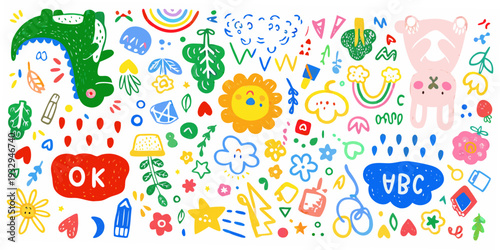 Colorful childlike doodles featuring dinosaurs flowers and alphabet elements