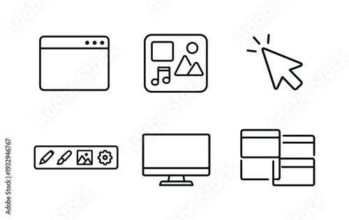 Line style vector icons of graphical interface interaction: window-icon motif, application-icon outline, mouse-pointer symbol,