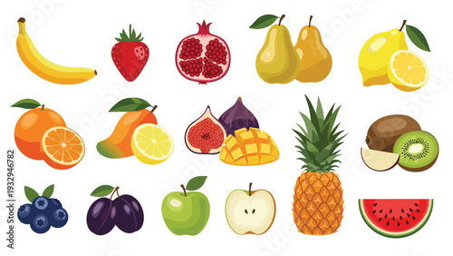 Comprehensive fruit collection displays realistic illustrations of apple, banana, pineapple, watermelon, and exotic varieties.