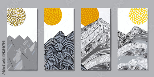 Abstract mountain and sun art panels in shades of yellow and gray