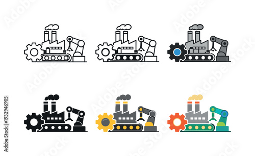Manufacturing operations icon depicting a factory with chimneys, gears, and mechanical components representing large-scale