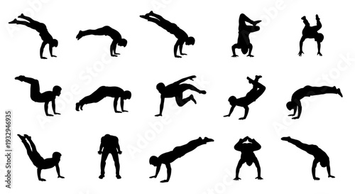 Dynamic Breakdance Silhouette Set: A captivating collection of breakdance silhouette depicting energetic movement, perfect for any design
