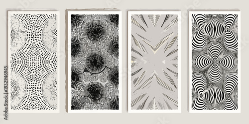 Four black and white abstract patterned panels displayed in a vertical arrangement