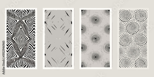 Four abstract black and white patterned panels displayed in a linear arrangement