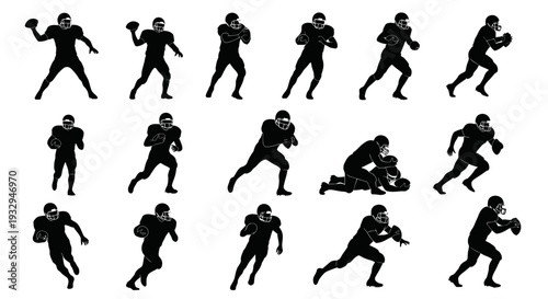 Dynamic Football Plays in Silhouette: A series of silhouetted figures showcase the intensity and athleticism of american football, depicting various action poses on the gridiron.