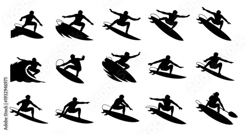 Surf Silhouette Compilation: A dynamic collection of surfing silhouettes captures the fluid motion of riding the waves. The image presents surfers in various action poses.