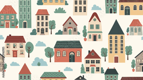 Colorful suburban neighborhood pattern features many different styles of houses and green trees on a warm beige background.