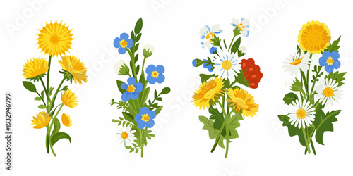 Four bouquets of wildflowers featuring dandelions forget me nots and daisies