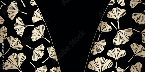 Golden ginkgo biloba leaves cascade across a stark black background