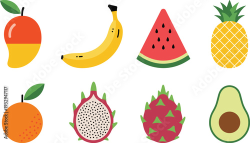 Colorful tropical fruit vector set, mango banana watermelon pineapple orange dragon fruit avocado flat illustration collection