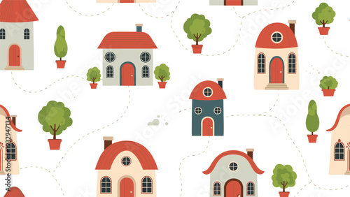 Cute village landscape pattern features small houses with red roofs connected by dotted paths among green potted trees.