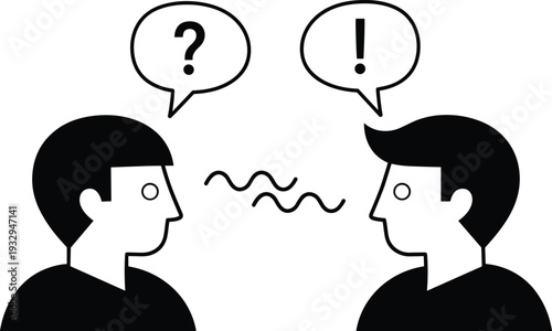 Communication misunderstanding concept illustration, two people talking with question and exclamation speech bubbles black white vector icon