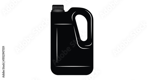 A stark black silhouette of a plastic container with a handle and cap isolated on a white background silhouette