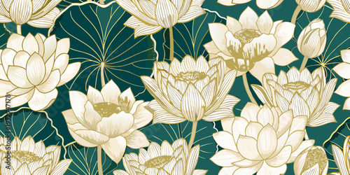 Golden lotus flowers and leaves create a repeating elegant pattern