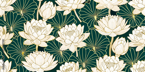 Elegant seamless pattern of cream colored lotus flowers on dark teal