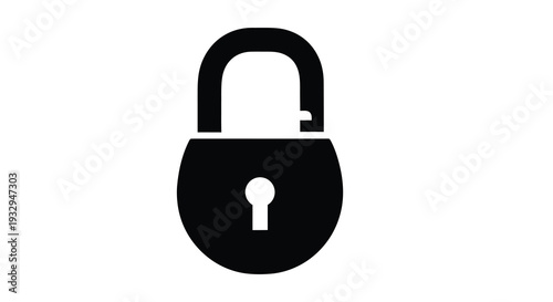 A stark black padlock graphic is prominently displayed against a plain white background creating a simple silhouette high quality