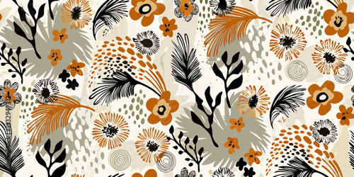 A vibrant floral pattern featuring stylized botanical shapes and colors
