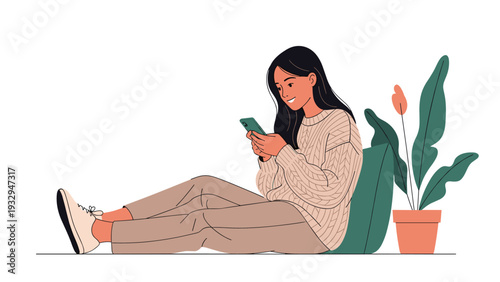 Young woman sits comfortably on the floor against a green cushion while browsing on her smartphone next to a potted plant.