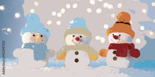 Three colorful snowmen stand together during a gentle snowfall