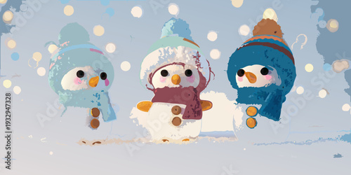 Three charming snowmen stand together in a whimsical winter scene