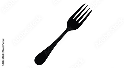 A simple black depiction of a dining fork against a white background presented as a stark silhouette high quality