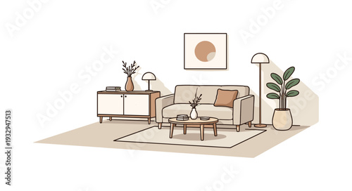 Refined contemporary minimal interior decor styling with essential furniture elements subtly offset and aligned seen from a 3/4