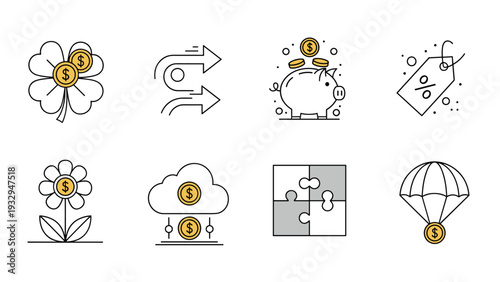 Financial icon collection features a piggy bank, money trees, savings clouds, and discount tags representing various business and banking concepts.