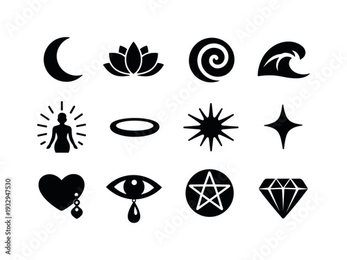 Solid vector icons of feminine energy motifs: crescent, lotus, spiral, wave, aura, halo, glow, spark, charm, talisman, amulet,
