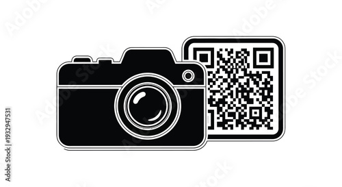 A stylized black silhouette of a vintage camera integrated with a modern qr code creating a unique visual juxtaposition silhouette