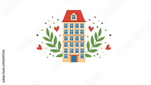 Charming tall apartment building with a red roof is beautifully decorated with green leafy branches and vibrant red hearts on a plain white field.
