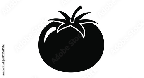 A striking black silhouette of a ripe tomato with a stem and leaf detail showcasing its simple form silhouette