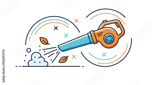 Modern line art illustration depicts an orange leaf blower cleaning up a pile of leaves and dust particles in a neat and efficient outdoor scene.