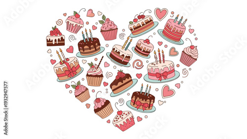 Large heart shape is artfully composed of numerous delicious cupcakes and decorated cakes with candles, berries, and frosting in soft pastel colors.
