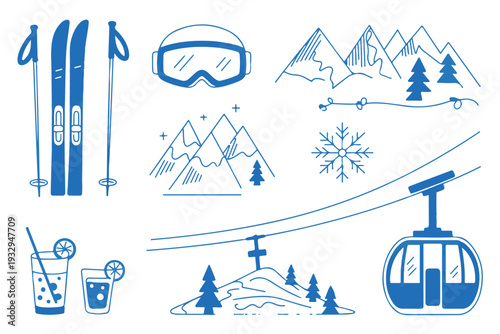 Winter ski resort icon set with travel and holiday themed vector symbols in cartoon style