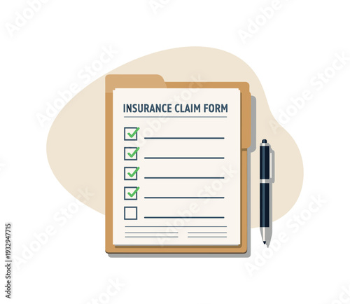 Clean insurance paperwork concept viewed from above with generic document folder checklist sheet and pen aligned clearly, placed