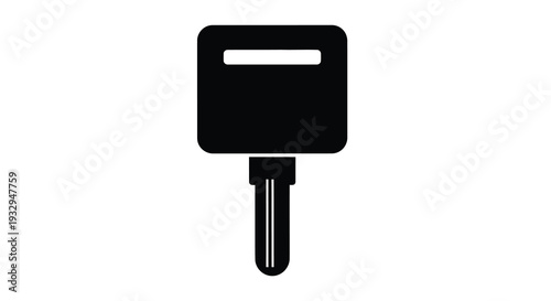 A stark black silhouette of a classic key with a simple rectangular head and a toothed blade silhouette
