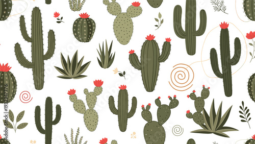 Lively seamless pattern depicts several species of cacti with blooming pink flowers and small green leaves arranged over a plain white surface.