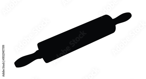 A stark black silhouette of a classic wooden rolling pin against a bright white background emphasizing its form silhouette