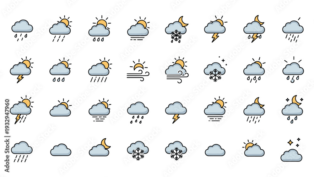 Obraz premium Extensive collection of weather forecast icons provides symbols for various atmospheric conditions including rain, storms, fog, and sun cycles.
