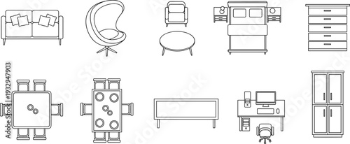 Home Furniture Line Art Icon Set, Sofa Chair Bed Table Desk Wardrobe Interior Vector Illustration Collection