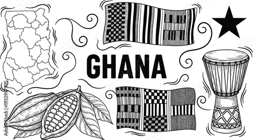 Ghana culture symbols vector illustration, African heritage map kente fabric cocoa pod drum national identity collection