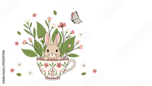 Cute little rabbit peeks out from a floral decorated teacup surrounded by blooming pink flowers and a graceful flying butterfly in the garden.