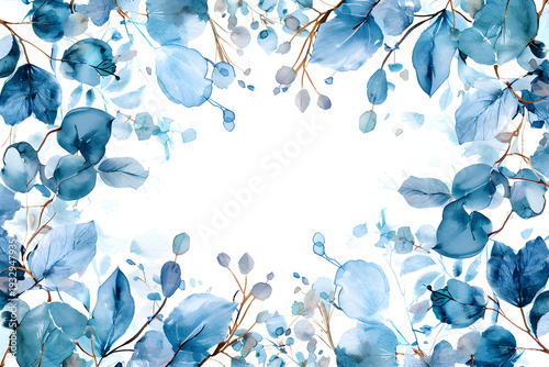 Blue watercolor eucalyptus leaves forming a decorative frame. Botanical illustration on a white background with copy space. Elegant design for a wedding invitation or greeting card