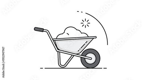 Simple line art illustration shows a heavy duty wheelbarrow filled with a large mound of sand or cement ready for a construction or garden project.