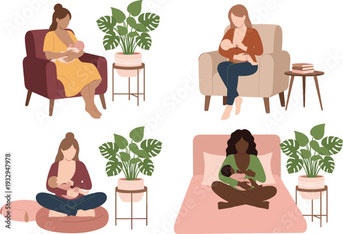Mothers breastfeeding babies vector illustration nursing women motherhood parenting natural feeding concept set