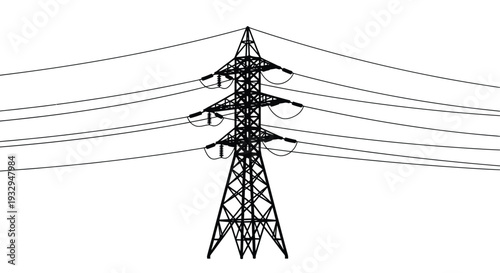 A stark black outline of high voltage power lines and a transmission tower against a bright white background silhouette