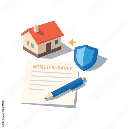 Minimal home insurance concept with house model document pen and shield loosely arranged seen from a top-down angle, offset to